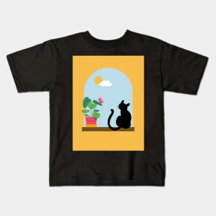 Minimalistic Illustration of Cat Sitting Boho Aesthetic Kids T-Shirt